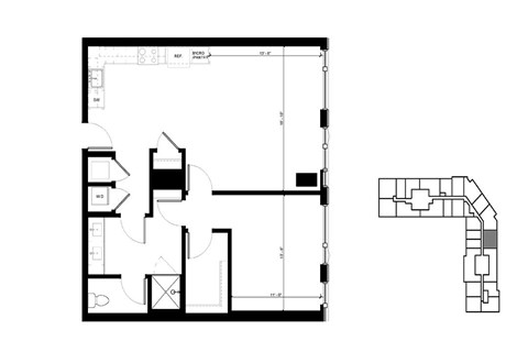 Floor plan for 1 bed, 1 bath, 971 sqft
